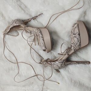 GUESS snakeskin and nude wrap heels